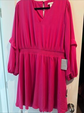London Times Girls' Fuchsia V-Neck Long Sleeve Casual Dress
